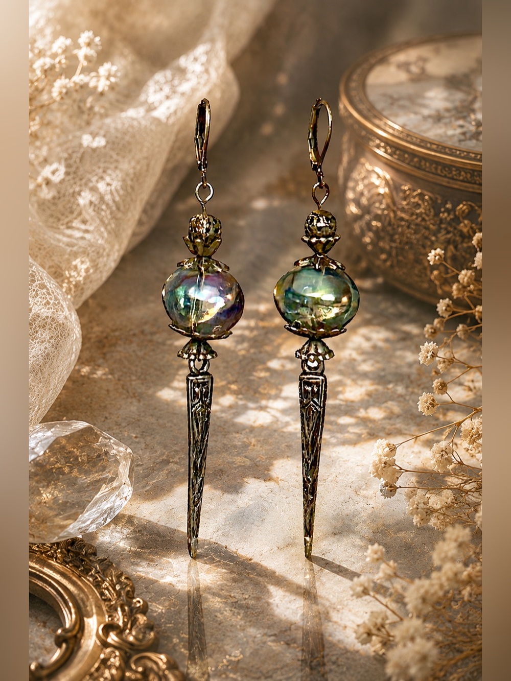 AB Aurora Glass Spike Earrings, Bronze Boho Dangles, Long Artisan Statement